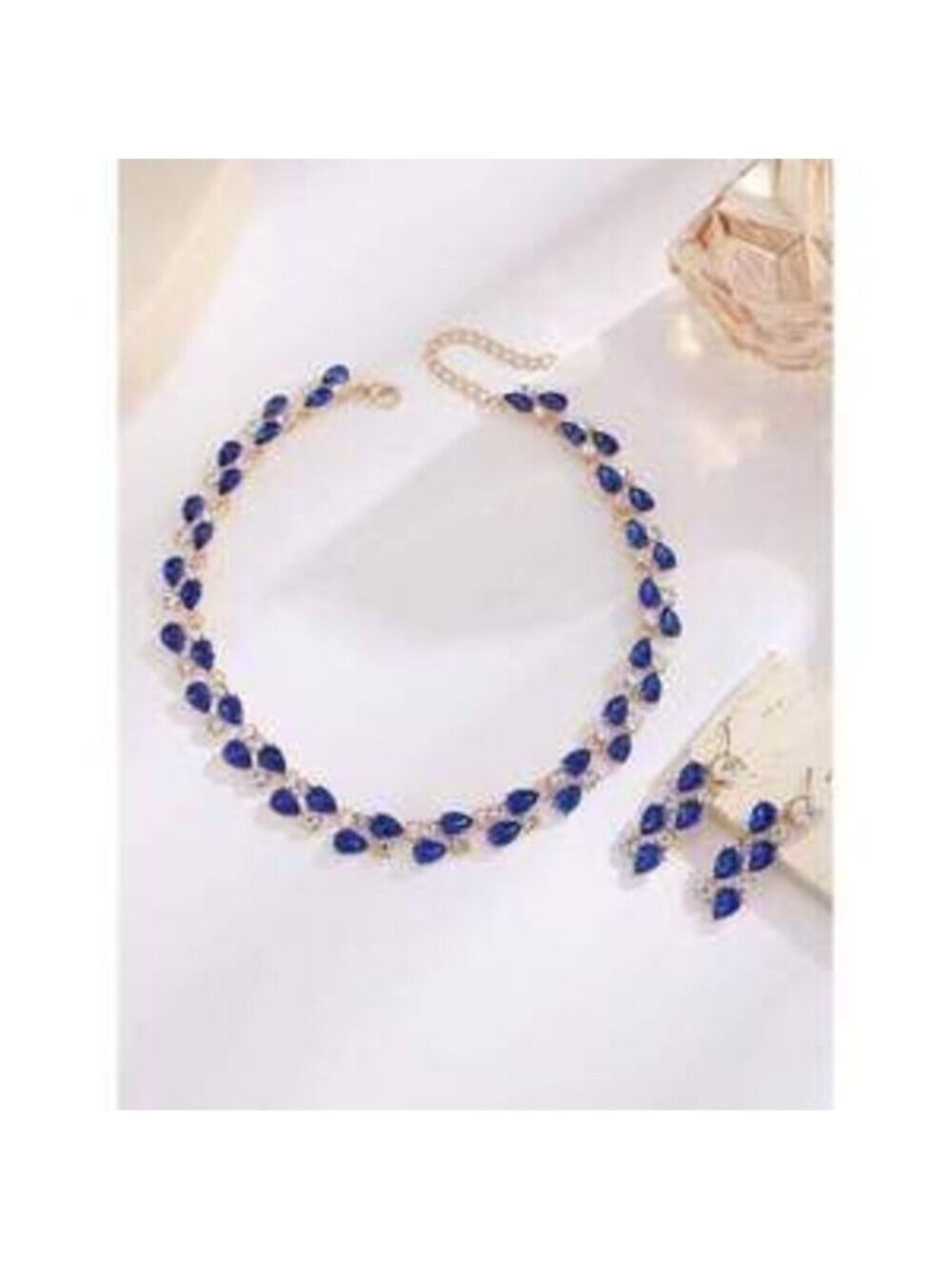 Blue Faux Gem Hollow Earrings Necklace Fo Dainty